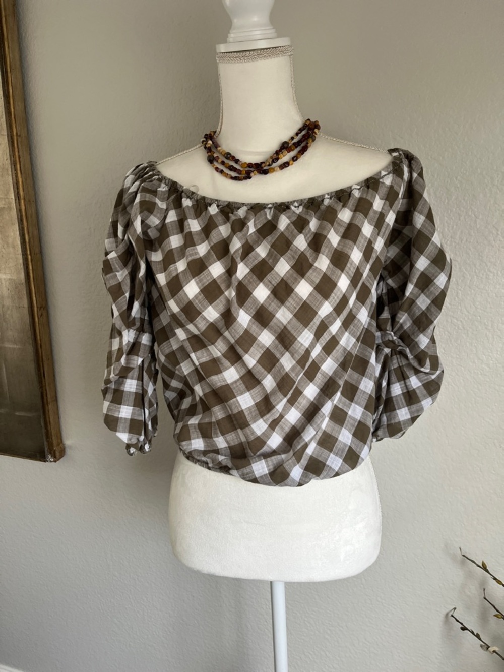 Max Studio Brown and White Gingham Off-Shoulder Blouse